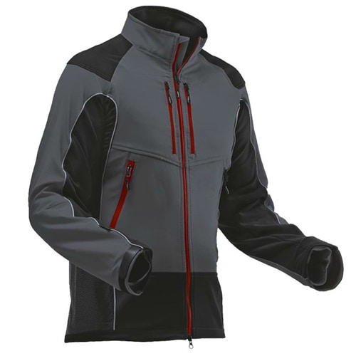 Arborist jacket in grey and black with red zippers, front view with high collar