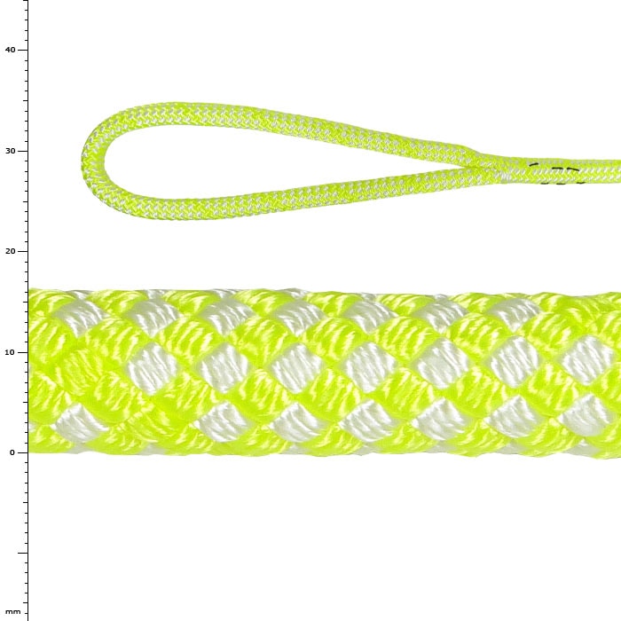 Sirius Bull Rope 16 S, light yellow and white braided rope with loop at one end, close-up of the structure and color of the rope