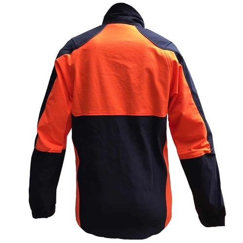 Herma jacket by Francital in orange and black, back view with black and orange fabric