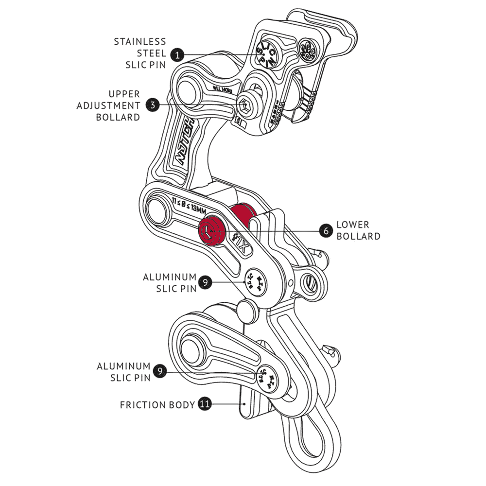 Technical drawing of a climbing device with inscriptions, including the Rope Runner Pro Lower Bollard marked as part of the device.