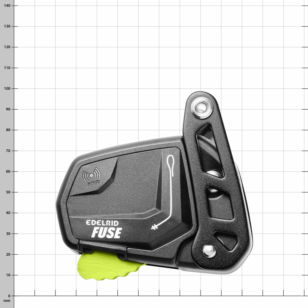 Edelrid Fuse in black with green lever and RFID symbol on white background with grid dimension in millimeters