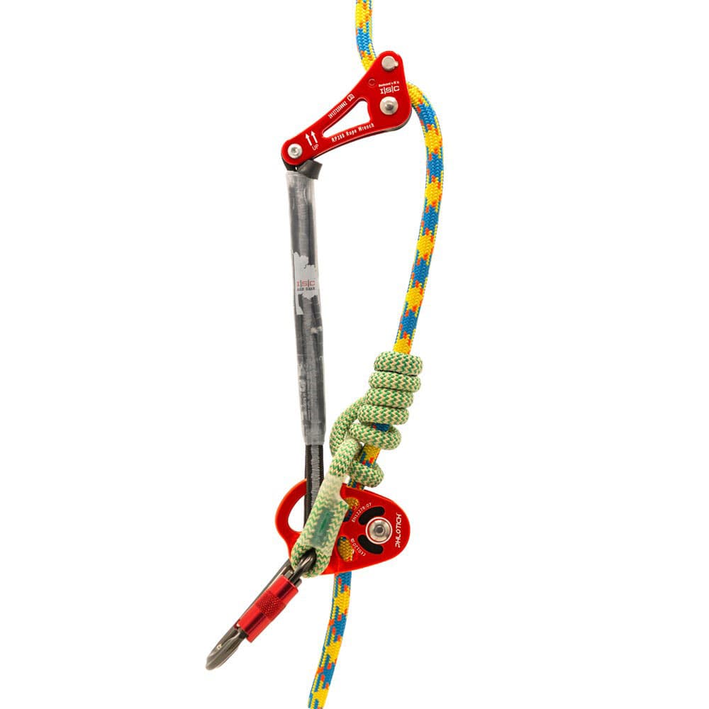 Rope Wrench Double PPE Regulations System Kit by ISC, red metal device with rope and carabiner