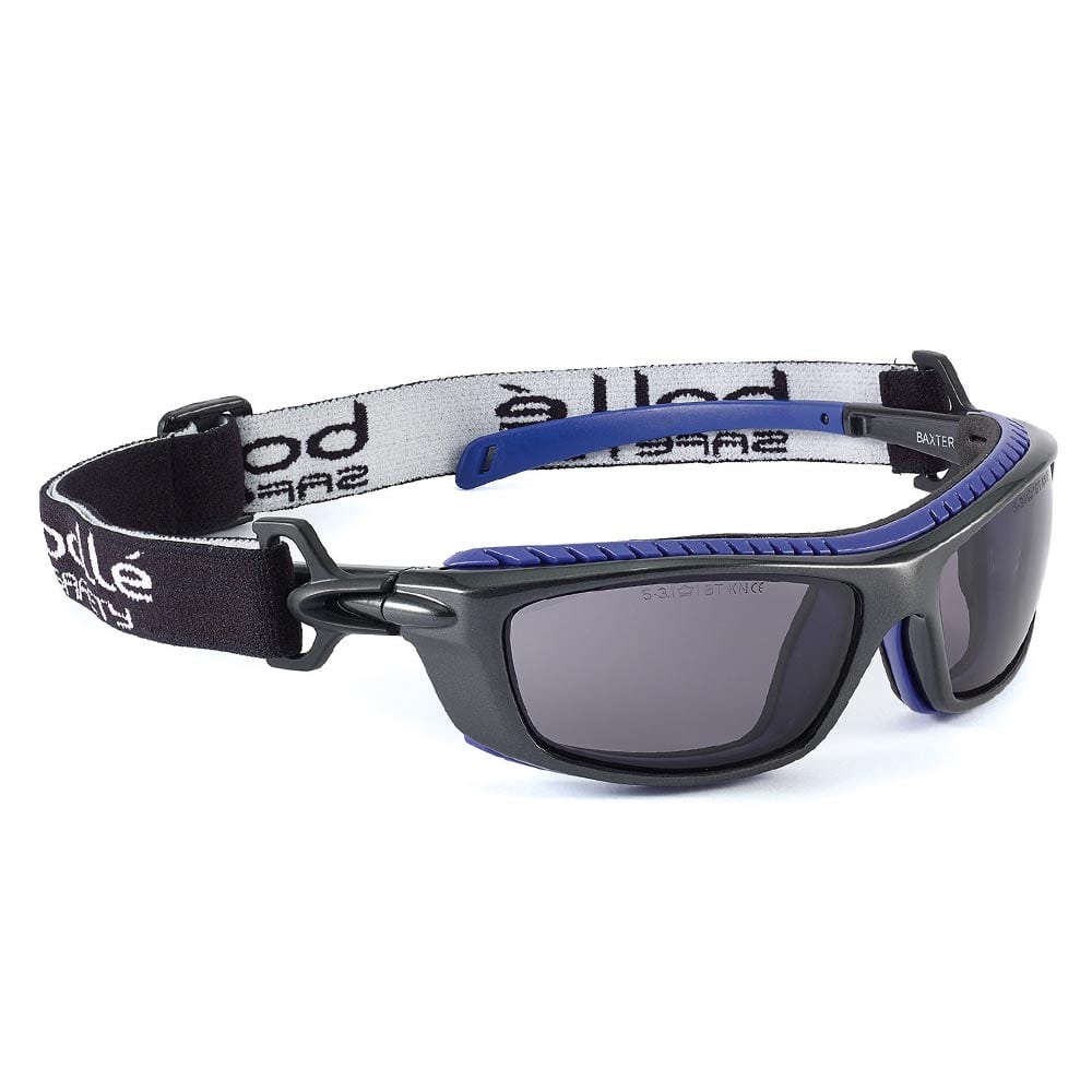 Bollé Baxter safety glasses with tinted lens and black, blue frame and black headband with white lettering