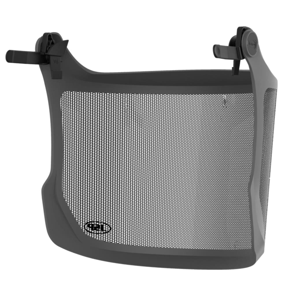 Evoguard M3 Forestry Visor with grey frame and black mesh fabric from the back with printed logo