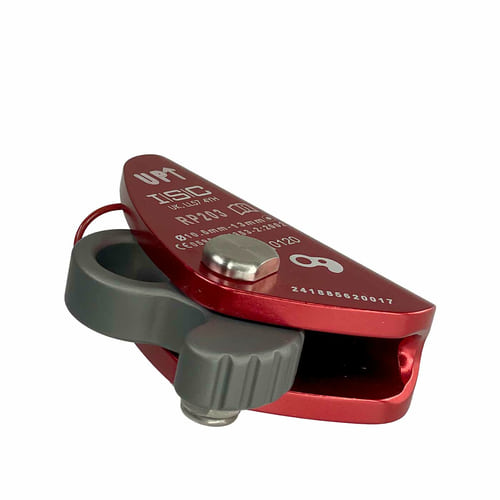 Mini Ropegrab, Red Rope Device with Gray Ring and Gray Knob, Side View