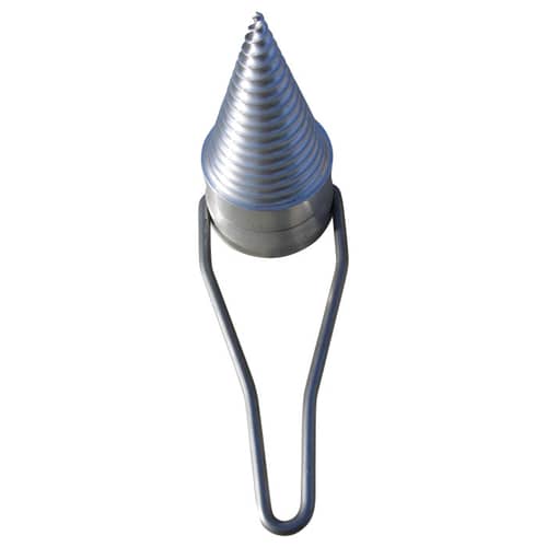 Metal ratchet wedge with spiral cone and integrated bracket photographed from above on white background