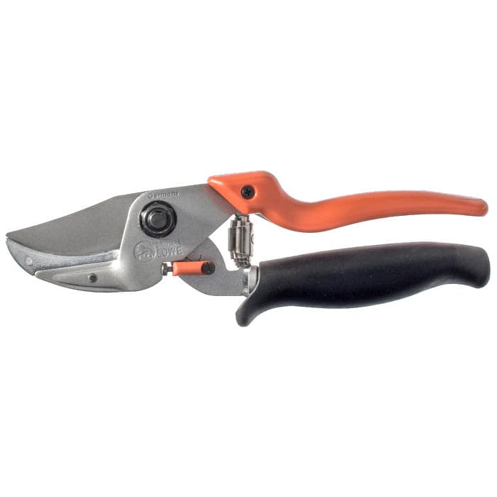 Anvil 8.109 Pruning Shears with Orange-Black Handle and Silver Blade, Manufacturer Original Löwe, Germany, Side View
