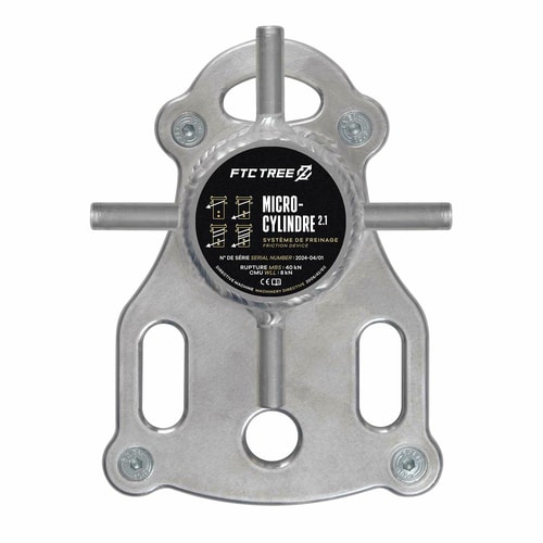 Micro Cylindre 2.1 by FTC TREE, silver metal device with four short rods, taken from the front with black sticker with text and symbols