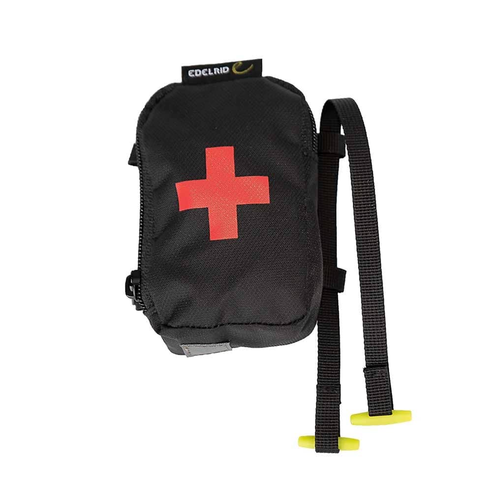 TreeRex First Aid Bag by Edelrid, black bag with red cross and two black straps with yellow ends
