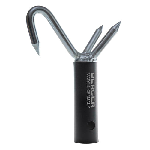 ArboRapid stop claw from Berger, black cylindrical handle with three pointed silver metal hooks, one of them curved