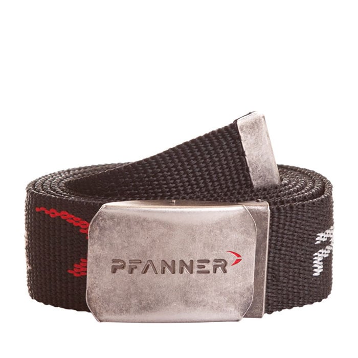 Belt 3, black belt with silver metal buckle that says "PFANNER"