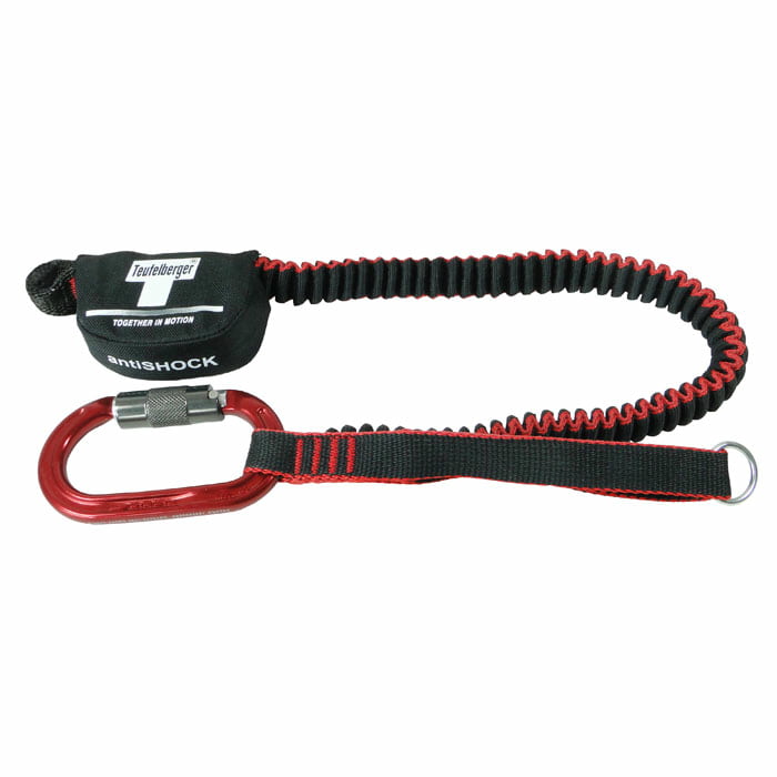 antiSHOCK Tool Lanyard Plus by Teufelberger, elastic black and red strap with snap hook and black bag with inscription Teufelberger and antiSHOCK