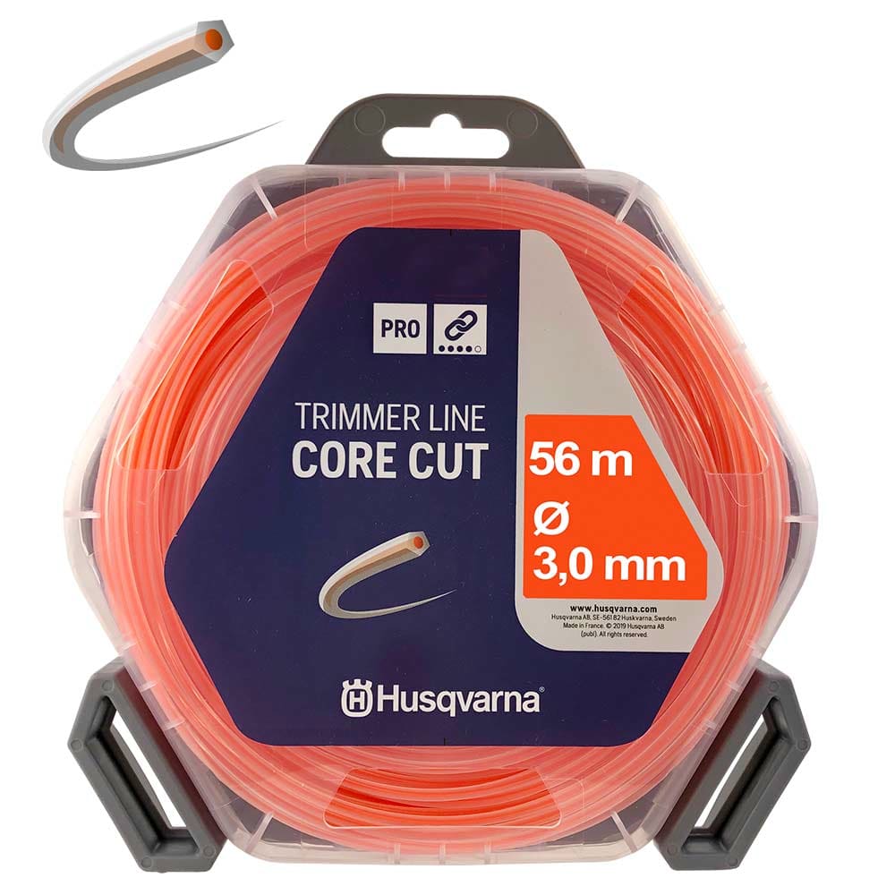 Husqvarna Core-Cut 3.0/56 Trimmer Line in transparent plastic box with orange trimmer line and dark blue label