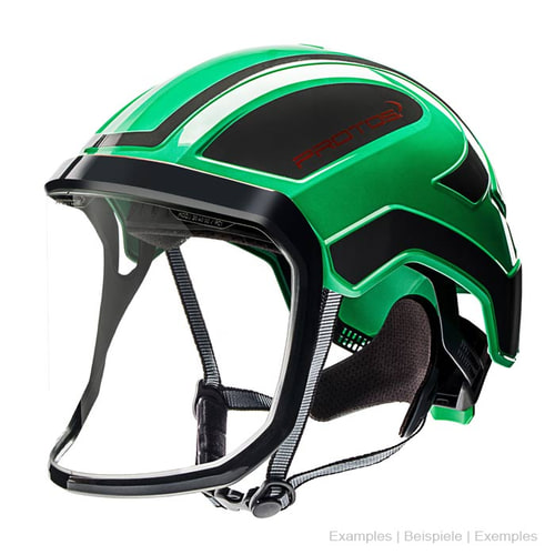 green PROTOS® safety helmet with integrated transparent visor and black lining