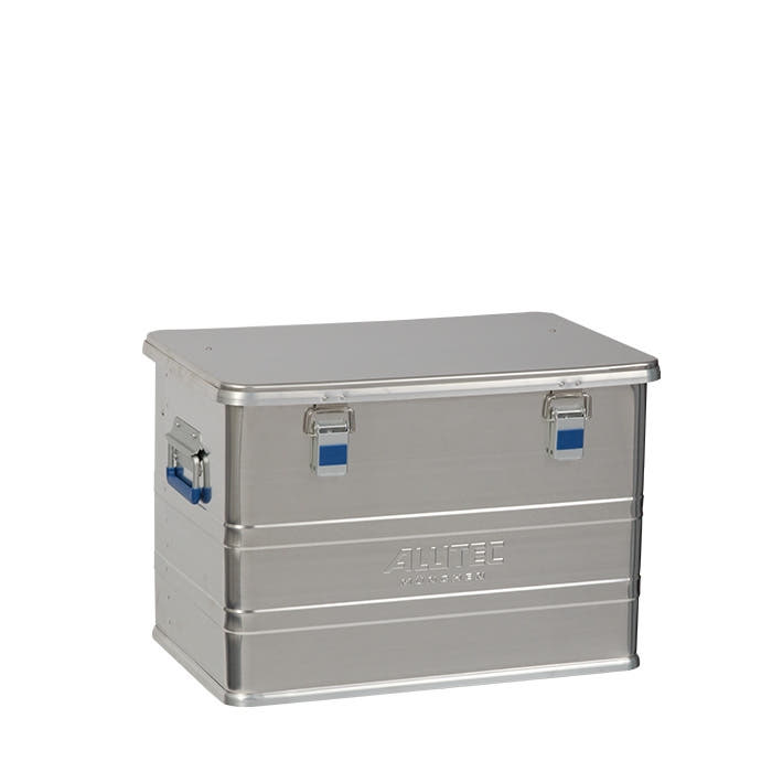 Alubox Comfort 73 by Alutec, closed silver aluminium box with blue handles and closures