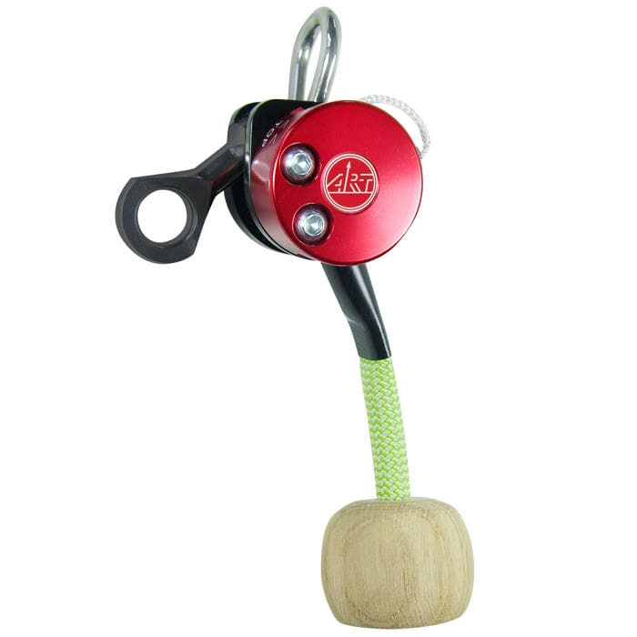 LockJack 2 Basic by ART, red round metal body with two screws, black lever, green and white rope and round wooden handle