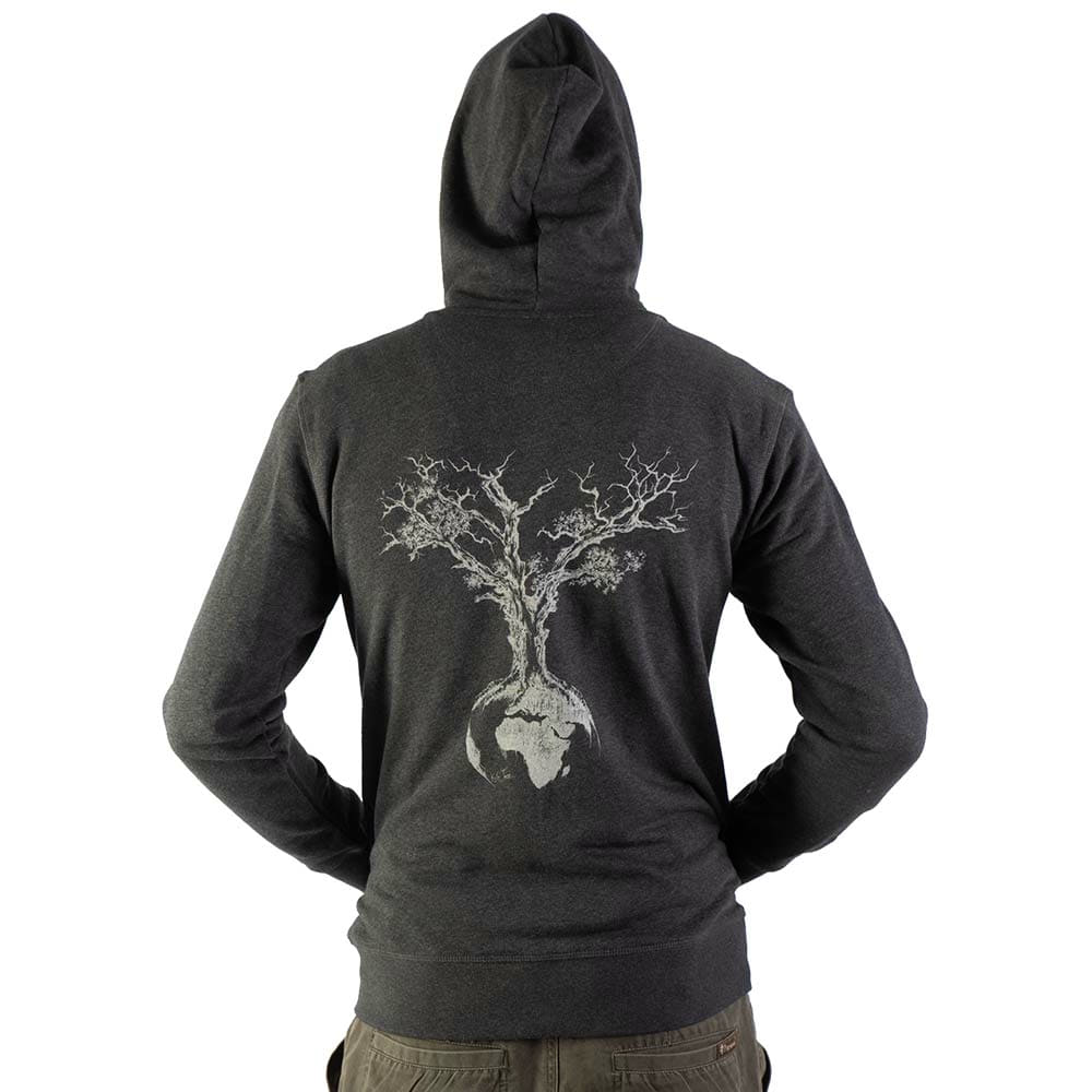 World tree hoodie, back view of a man, dark gray hooded sweater with large white tree and earth print on the back