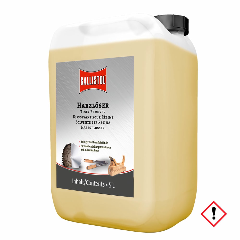 Ballistol Resin Solvent 5.0, 5 liter canister with yellowish liquid and black screw cap, the label says Resin Remover in several languages and the Ballistol logo
