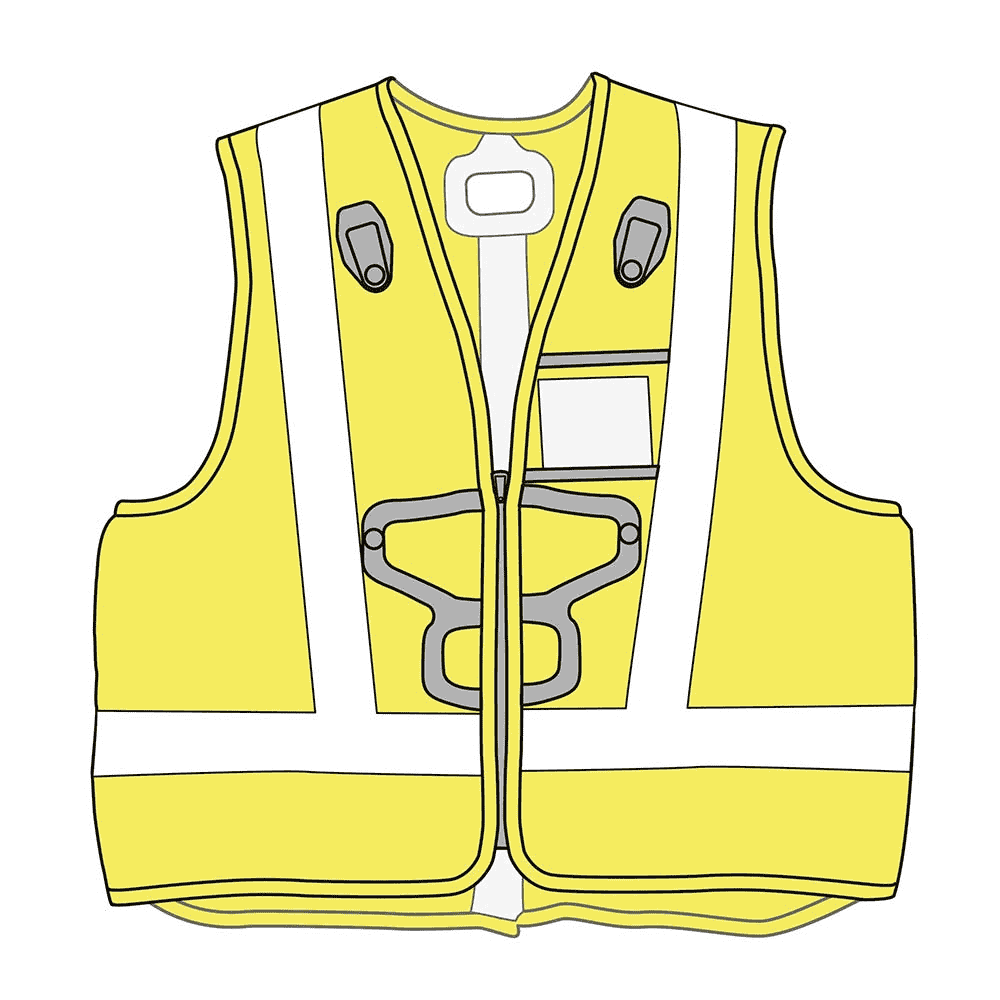 Newton Vest HI-VIZ illustration of a safety vest in yellow with grey reflective stripes, black brackets and pockets
