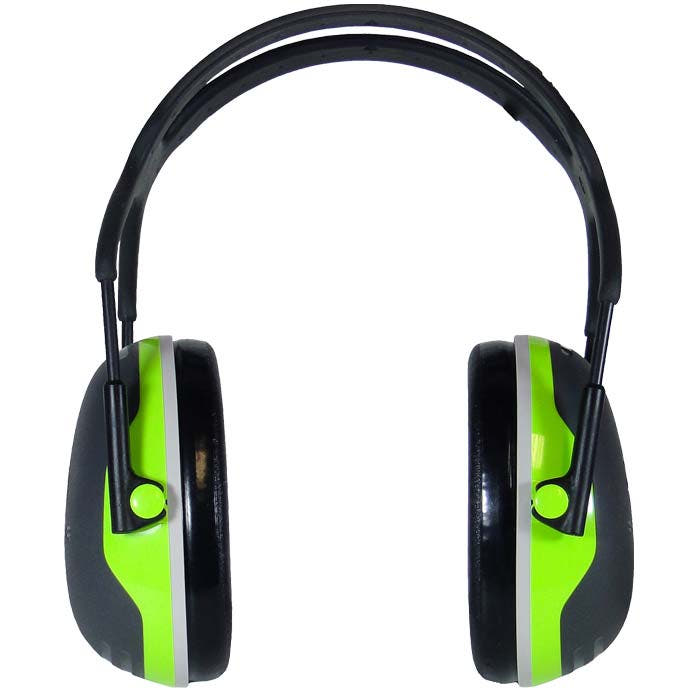 Hearing protection X4 with headband, frontal with black headband and grey and neon green ear cups, manufacturer 3M Peltor