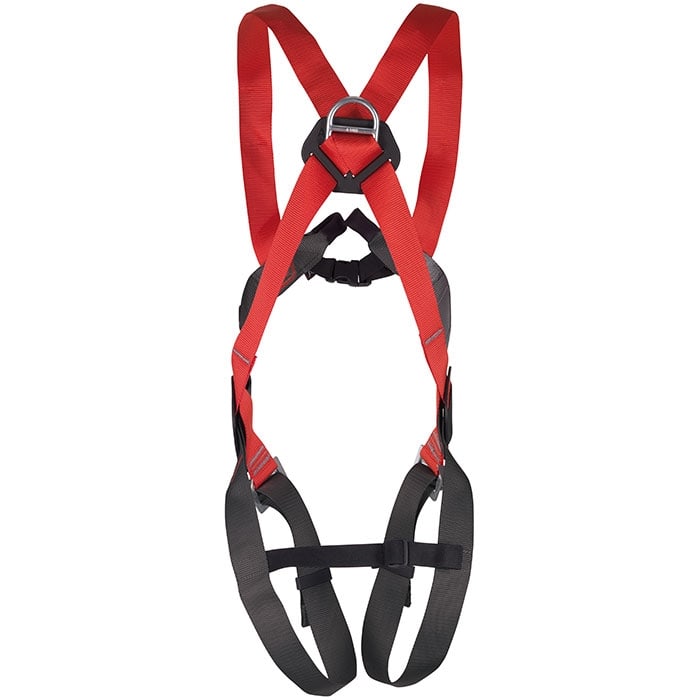 Basic Duo safety harness with red and grey straps, rear with metal ring visible