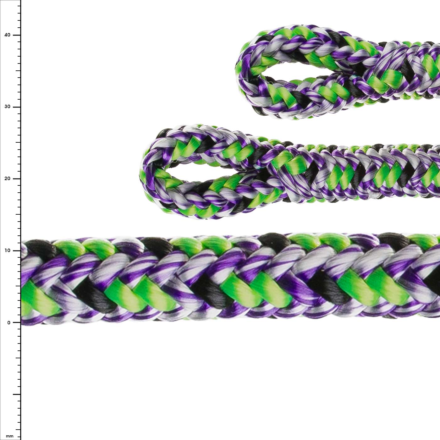 Argiope Evo Double Rope in green, purple, black and white, with two loop ends, close-up