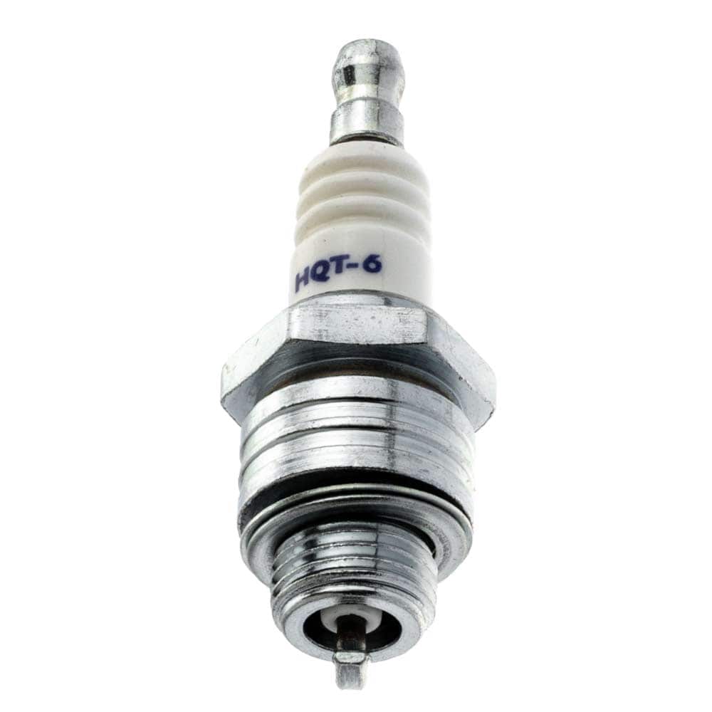 HQT-6 spark plug with white ceramic housing and silver metal thread that says HQT-6