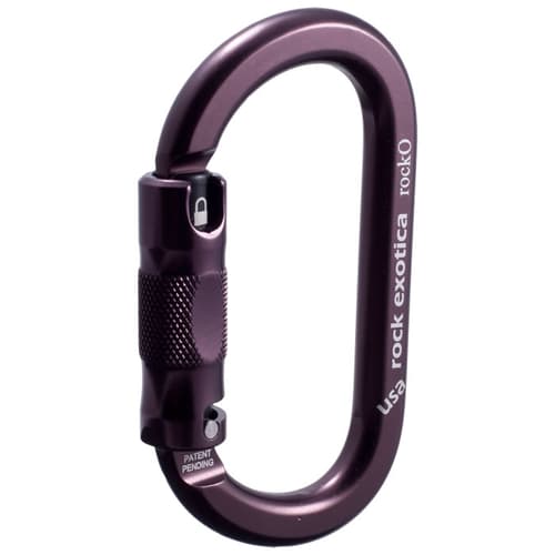 Rock O carabiner by Rock Exotica in dark purple with screw cap and imprint "usa rock exotica rockO" on the metal body