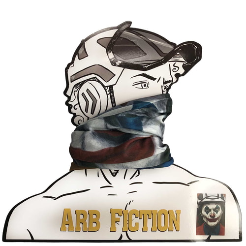 Joker Tube scarf with abstract pattern in white, blue and red on a cardboard figure with helmet and the inscription "ARB FICTION"