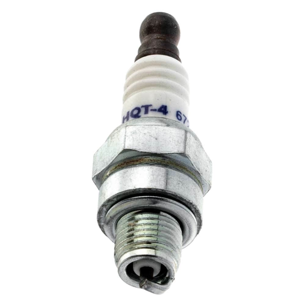 HQT-4 Spark plug, silver metal body with white ceramic insulator and black cap, on the ceramic part is HQT-4