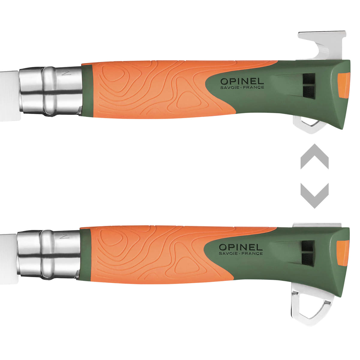Two Opinel N°12 Explore knives side by side with partially extended blades, orange and green handles with pattern, manufacturer Opinel