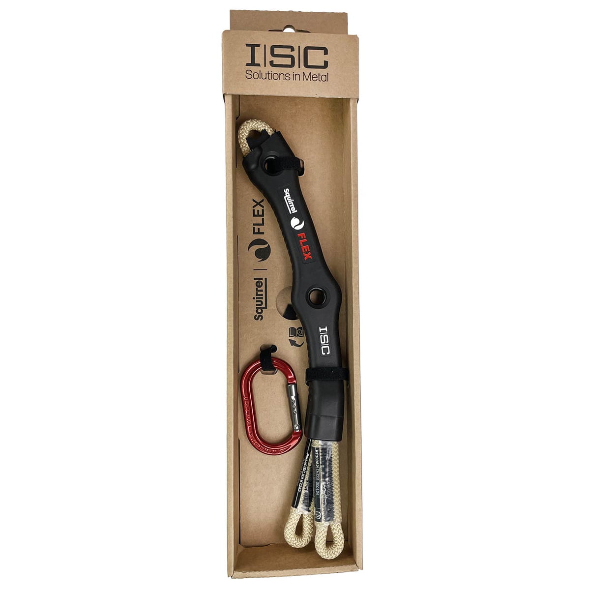 Squirrel Flex Tether from ISIC, packed in brown cardboard packaging with red snap hook, black flexible connector and beige-colored loops visible