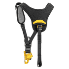 Top Croll by Petzl, rear view of the black chest ascender harness with grey mesh fabric and yellow ascender