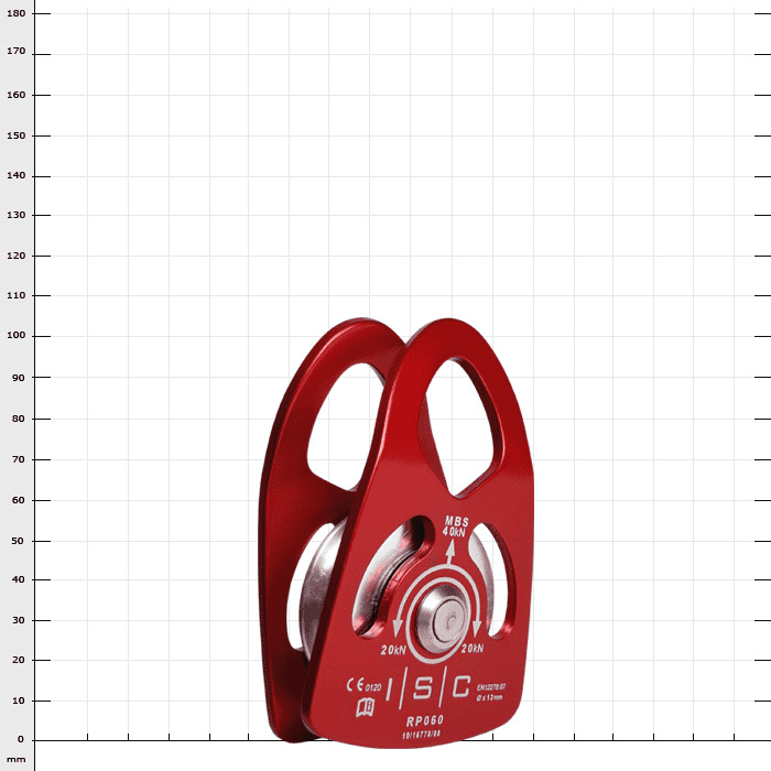 Medium load pulley ISC, red rope pulley with metal wheel and two large eyelets, manufacturer ISC, type RP060