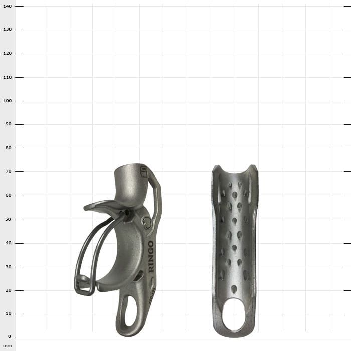 Two silver metal parts with the inscription "RINGO", one with a bracket and hole, the other elongated with holes and a round end
