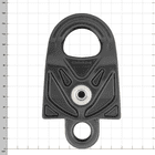 Black DMM Gyro Twin Pulley with Metal Axle and Large Mounting Hole, Front View Against Checkered Background