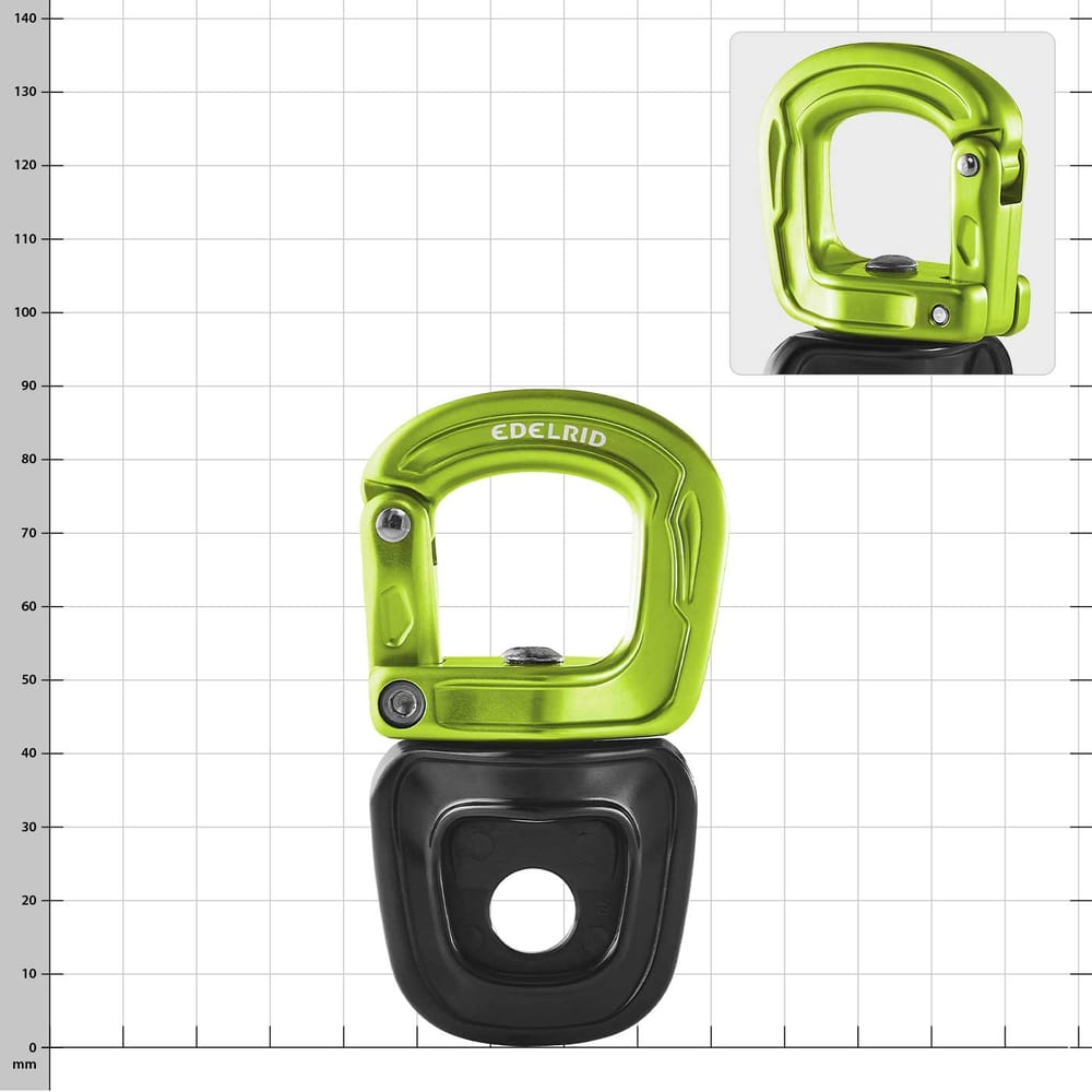 Cupid Swivel Mix by Edelrid, green and black carabiner with swivel closure, front view against checkered background