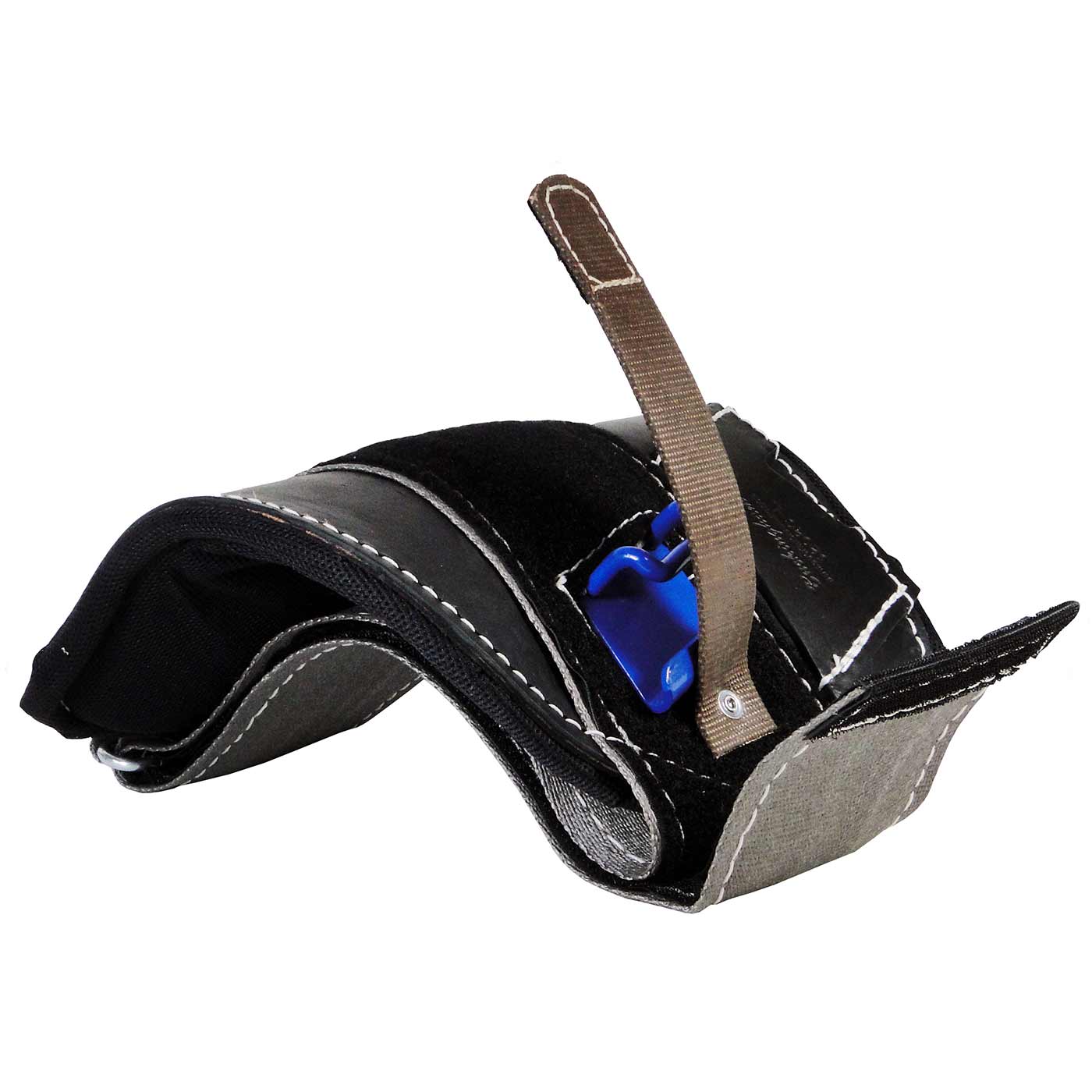 Big Buck Wrap Pads Steel, crampon pads, gray and black pads with Velcro, blue plastic clip and brown strap, photographed from the side