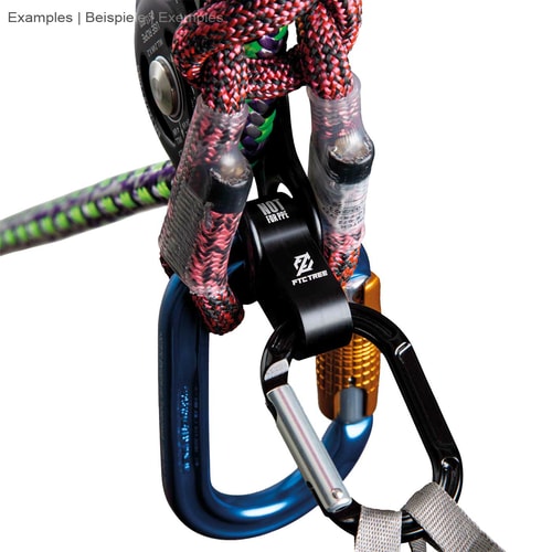 Rise-Up by FTC TREE, black metal part with two round openings, attached to colorful climbing ropes and two carabiners, close-up