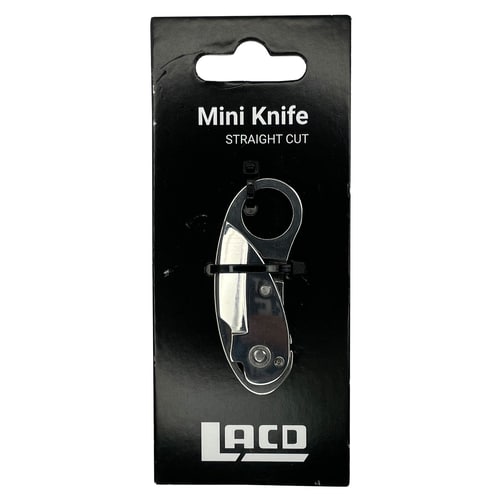 Mini Knife Straight Cut knife from Laco in black packaging with white lettering and viewing window, the knife is visible when closed