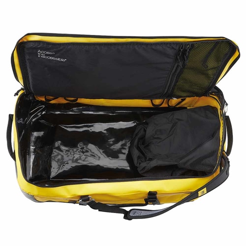 Opened yellow PETZL Duffel 85 bag with black lining, mesh pocket in the lid and black pouch inside