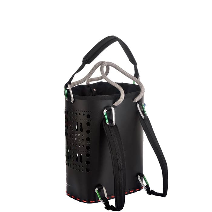 ropeBUCKET 50 black bucket with grey rope handles and black shoulder strap with green carabiners