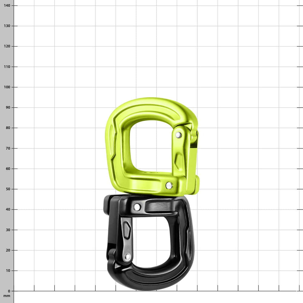 Two snap hooks, green at the top, black at the bottom, open, product name Cupid Swivel visible
