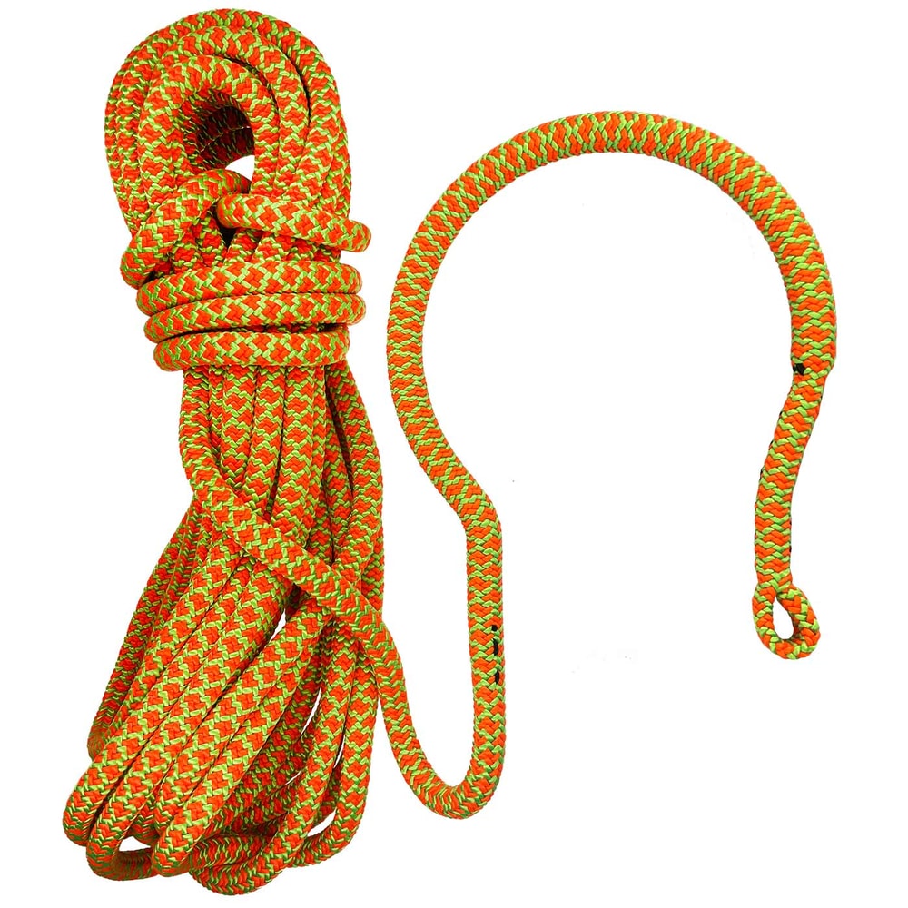 Clawfinger 12 rope in orange and yellow, rolled up with a loop at the end