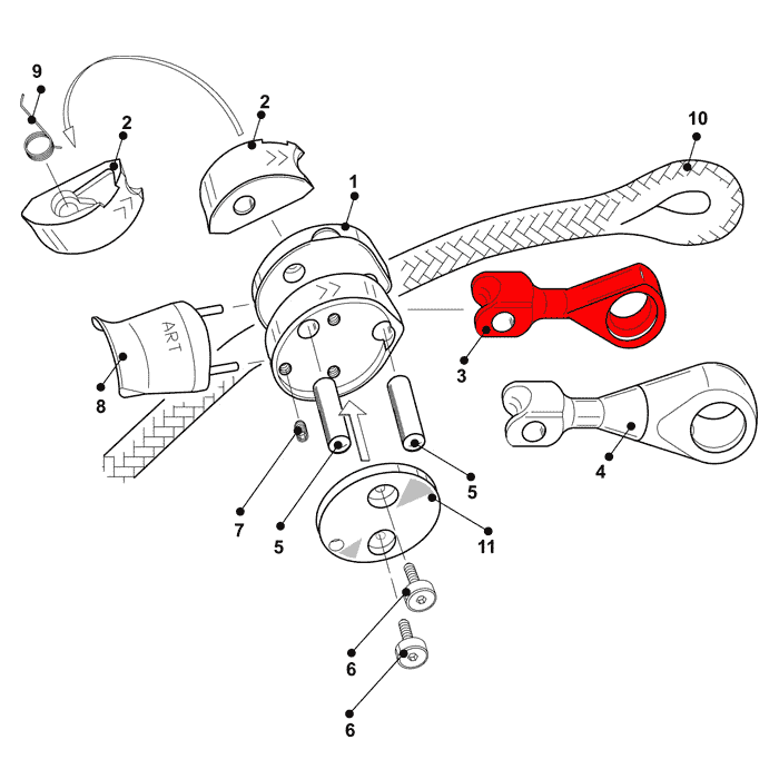 Technical drawing with numbered parts, including a red component that could represent Positioner/SpiderJack 2.1 carabiner mount