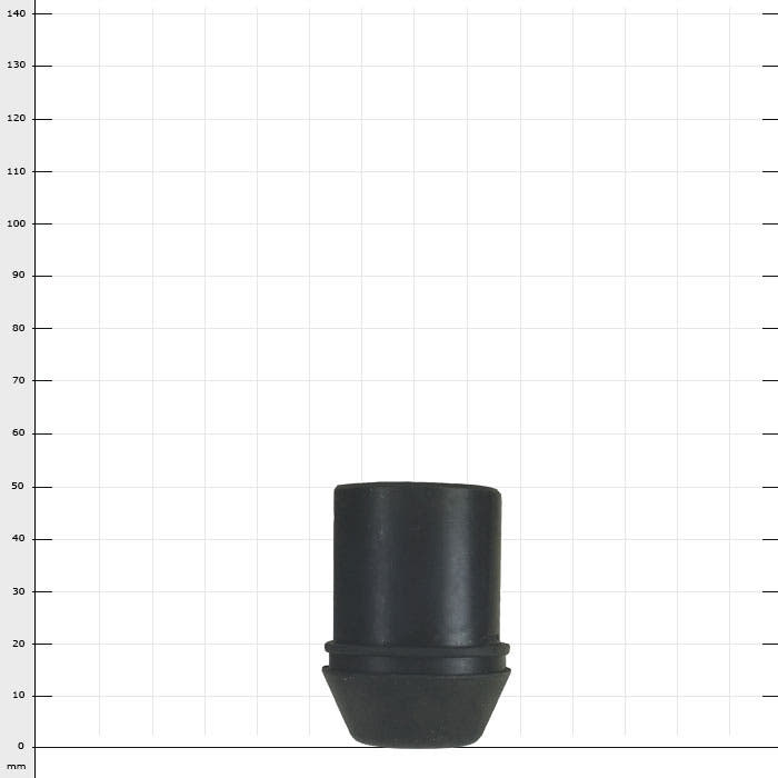 Hayate 380 rubber bumper, black rubber bumper with cylindrical upper part and conical lower part on white background with millimeter grid