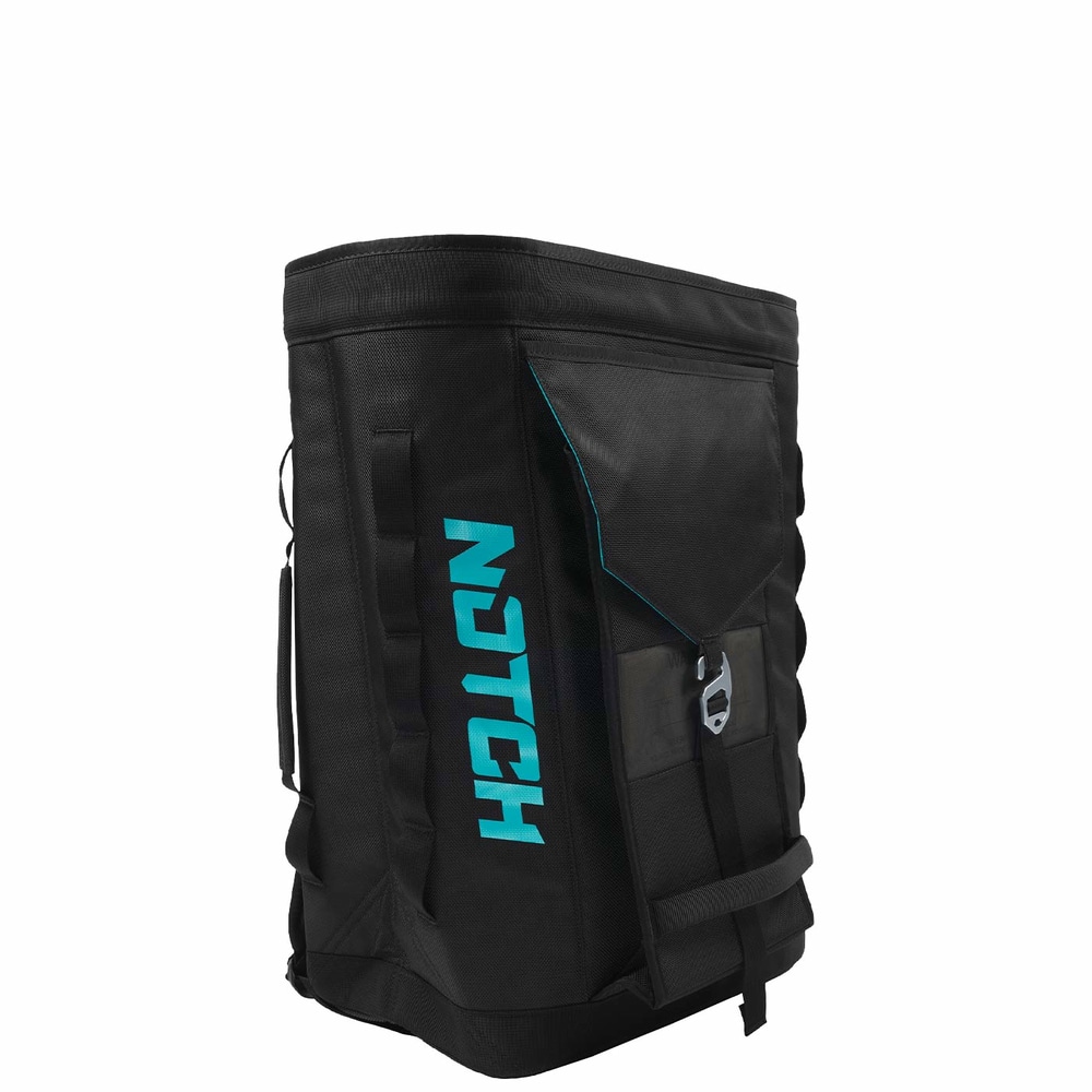 Black approach bag with turquoise NOTCH logo on the side and a front flap with buckle