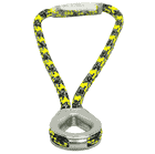 prusikLOOP fimble, a yellow-black-gray patterned rope with a silver metal part in the shape of a teardrop