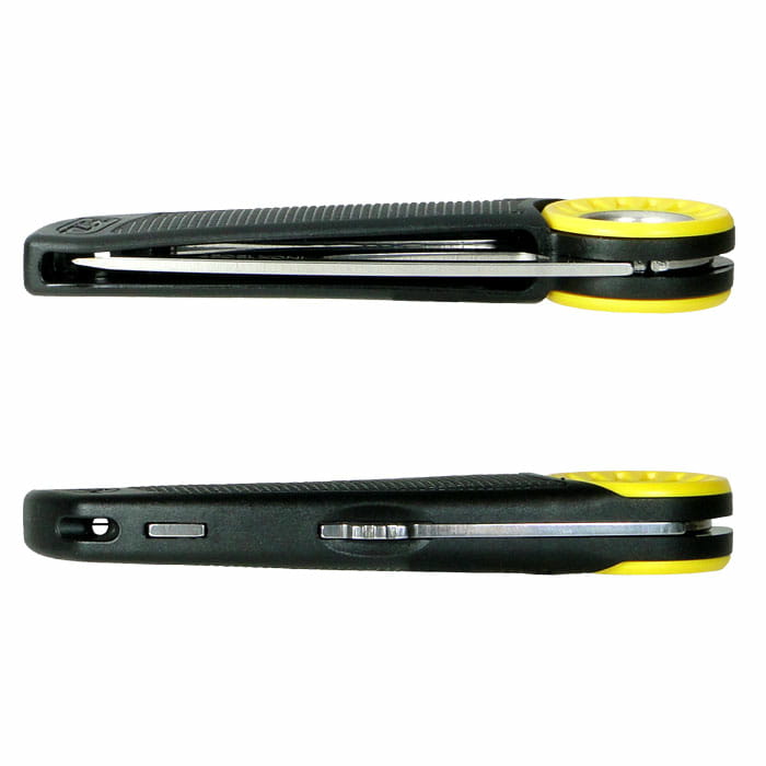 Petzl Spatha Folding Knife with Black Handle and Yellow Ring, Knife Closed from Two Side Views