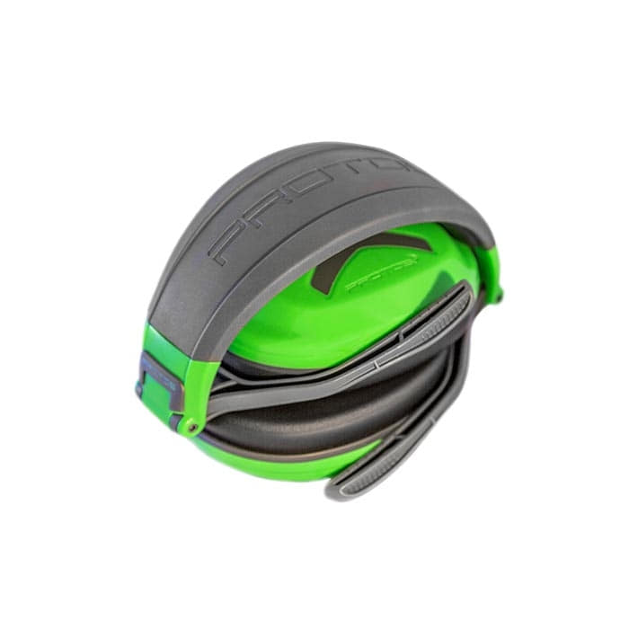 PROTOS® headset folded in green and grey with visible PROTOS lettering on the headband